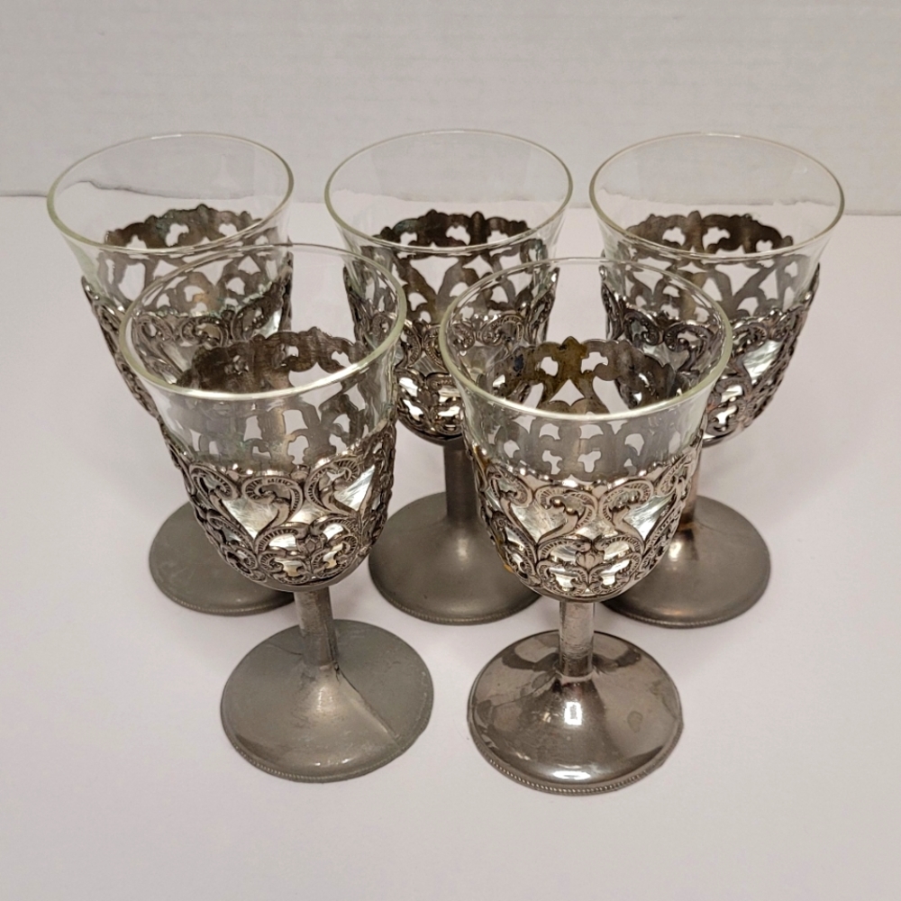 Cordial Glasses Vintage Leonard Japan Silver Plate and Glass Retro Barware